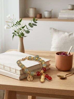 Jade and Red Agate Beaded Bracelet with Gold Toned Charms NEW!